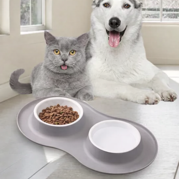 Миска подвійна на силіконовій основі Pet Bowl для котів і собак &ndash; Сіра 05k05p096v3 фото